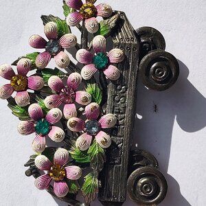 1930’s pot Metal flower cart – Enamel & Rhinestone 3 inches